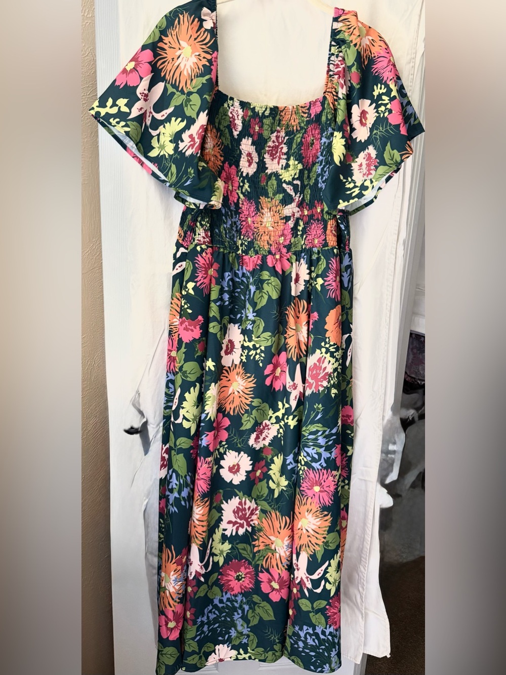 BloomChic Teal Floral Square-Neck Maxi Dress with Pink & Orange Blooms